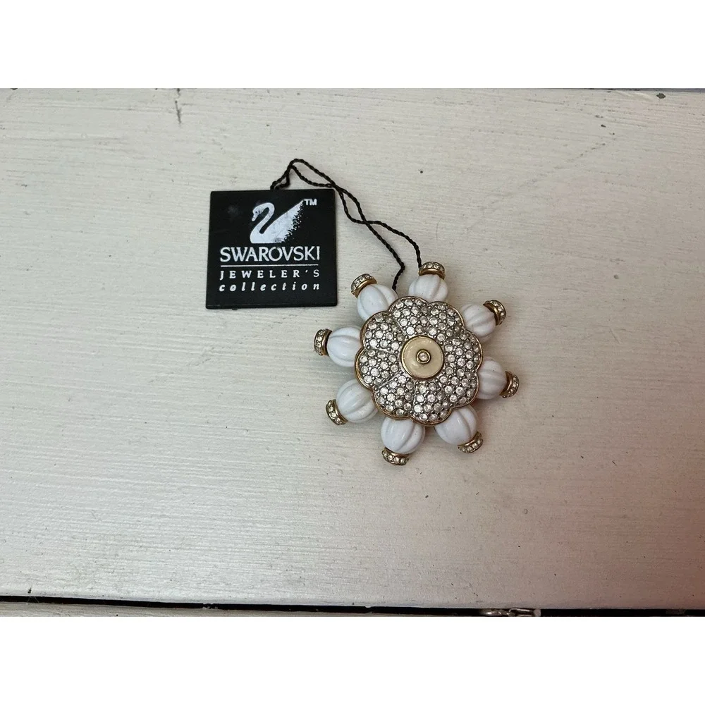 BIG FLOWER WHITE SWAROVSKI CRYSTAL GOLD CLIP SWAN MARK CLIP ON EARRINGS & BROOCH